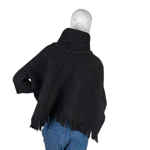 Manos del Uruguay Cropped Charcoal Gray Fringed Poncho Sweater Cowl Neck Size S - Picture 3 of 7